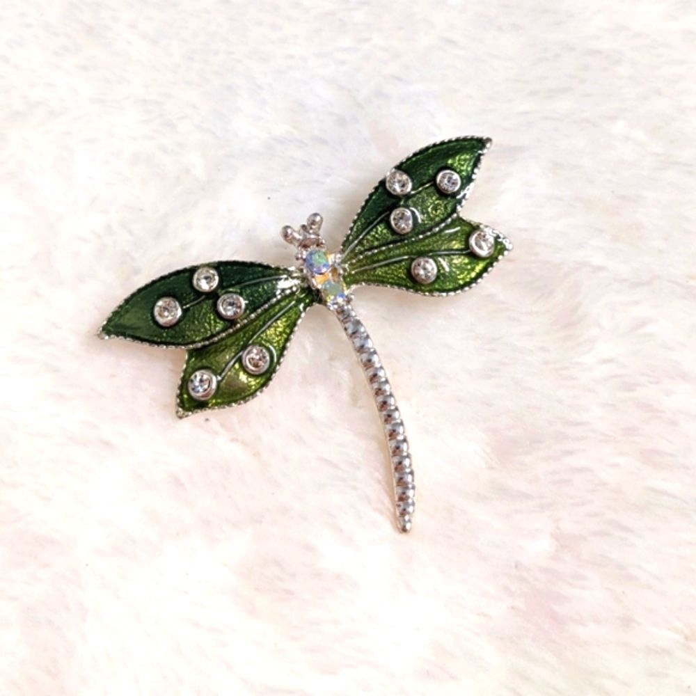 Vintage 90's Enameled Dragonfly Brooche w/ Rhinestone Accents